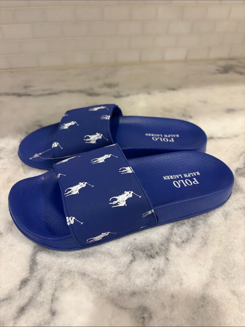 Polo by Ralph Lauren Blue Kids Slide Sandals with White Polo Logos